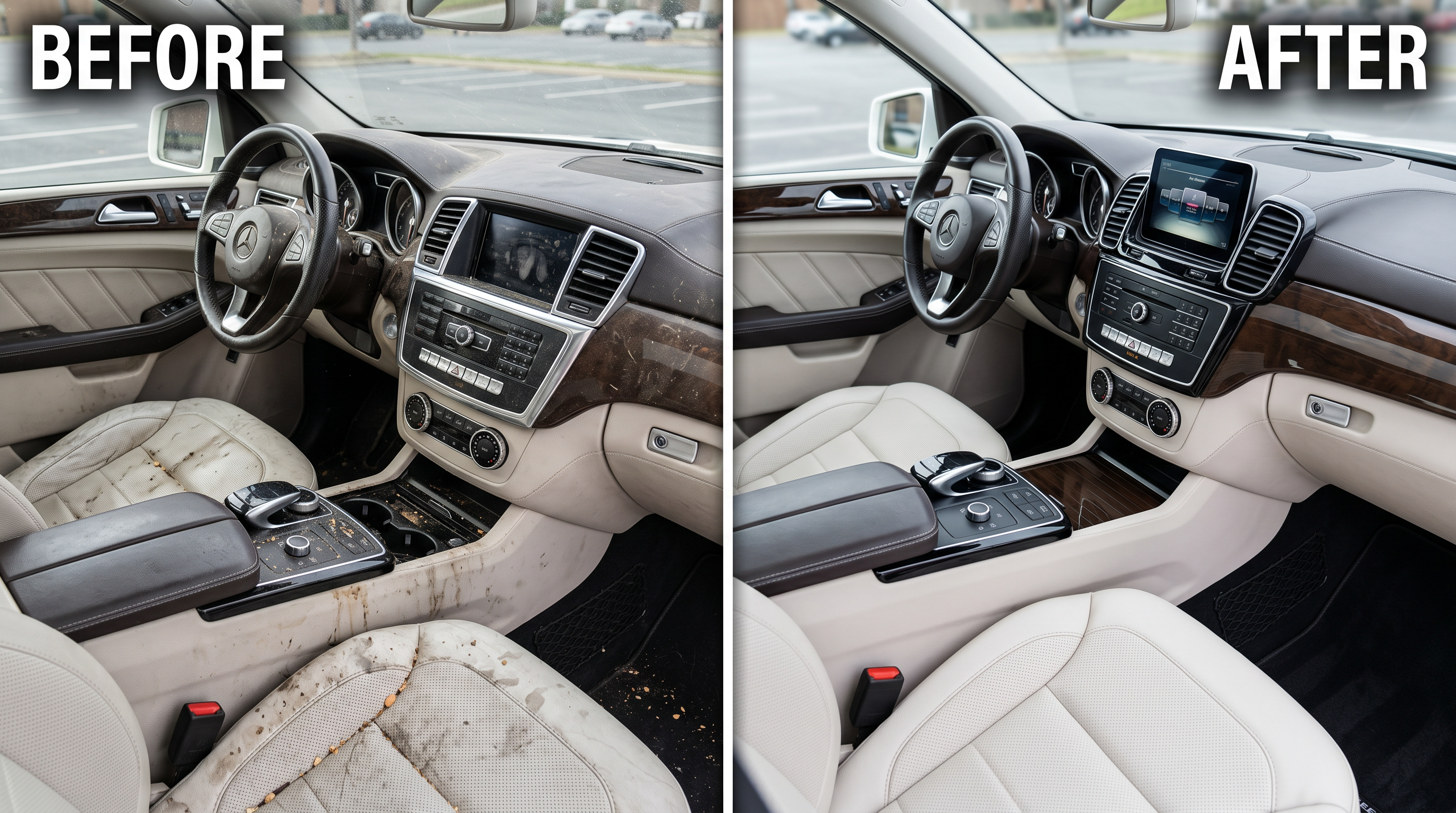 Before and after comparison of a luxury SUV interior — left shows dust, crumbs, and stained cream leather; right shows pristine, polished surfaces and spotless seats.