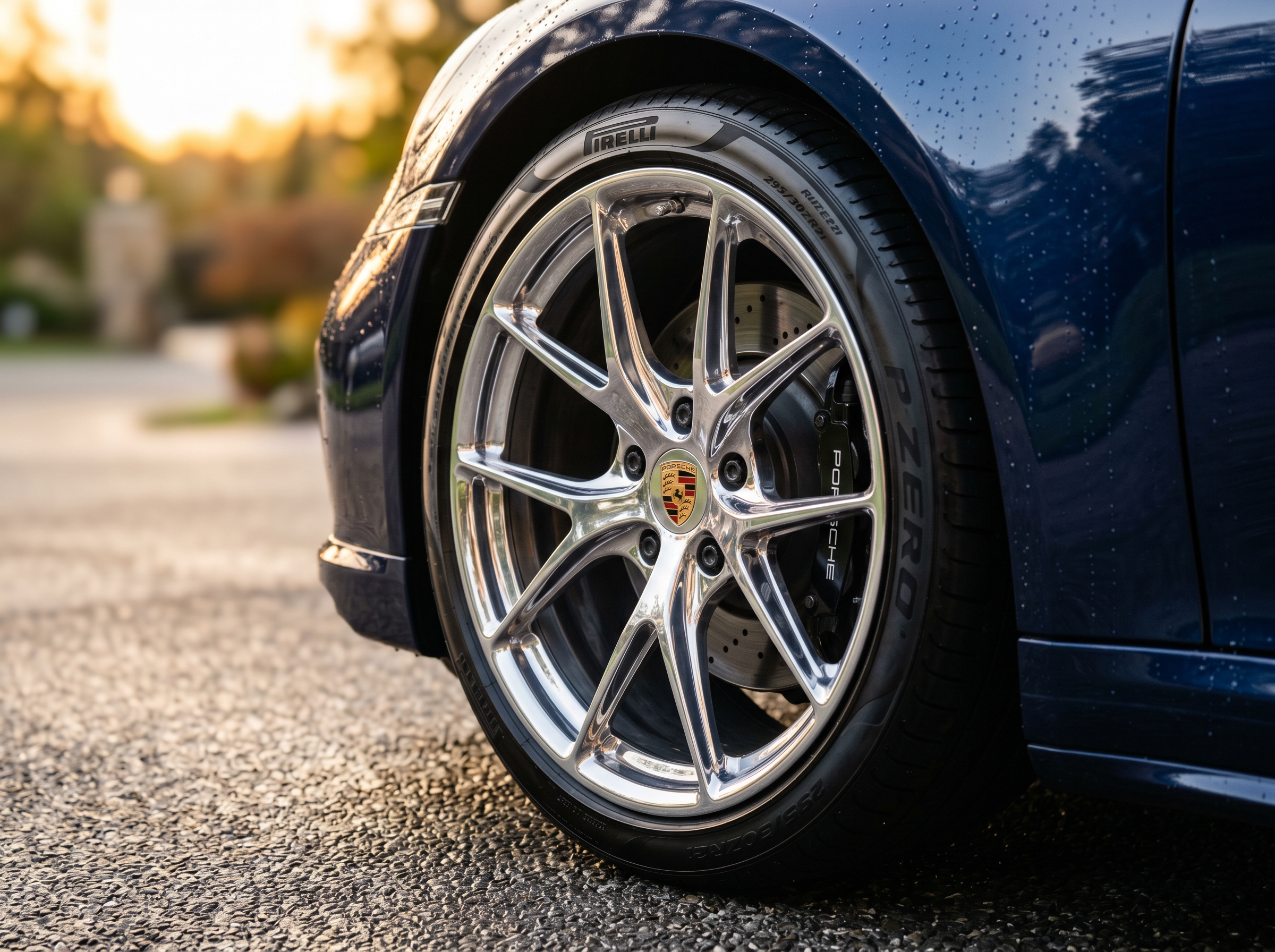 Close-up of a polished chrome wheel and freshly waxed metallic blue paint with water beading on the surface.