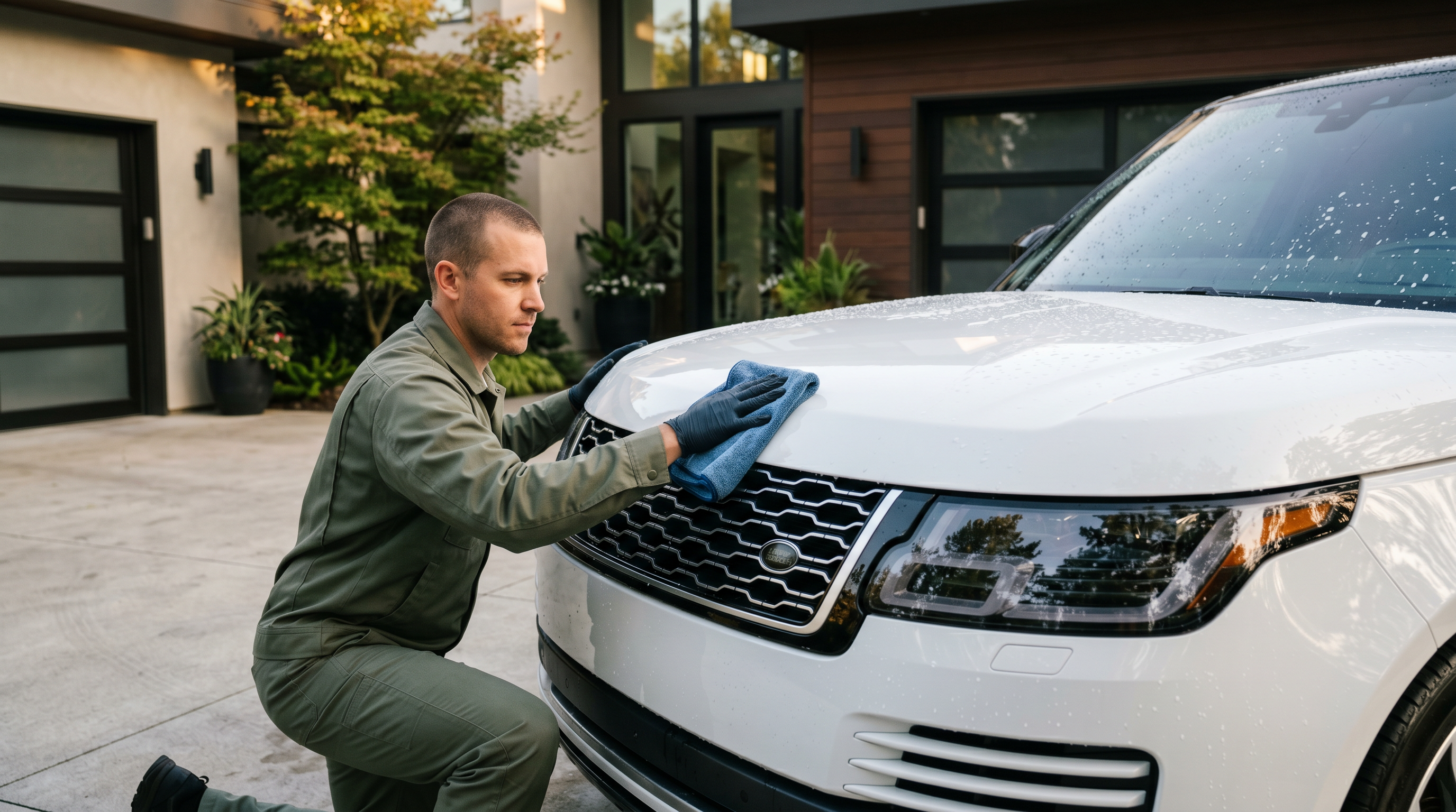 A LivFlo auto detailer hand-polishing the hood of a luxury white SUV.