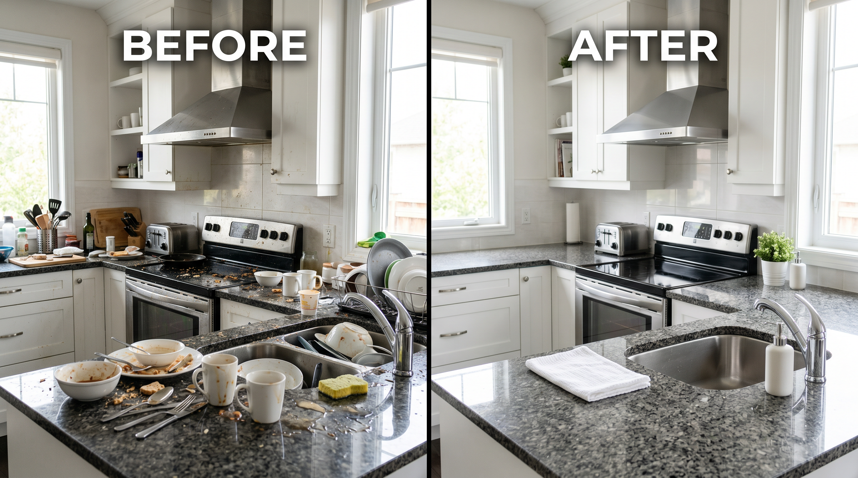 Side-by-side comparison of a kitchen before and after a LivFlo deep clean, showing dishes, crumbs, and stains gone with sparkling counters and polished appliances.