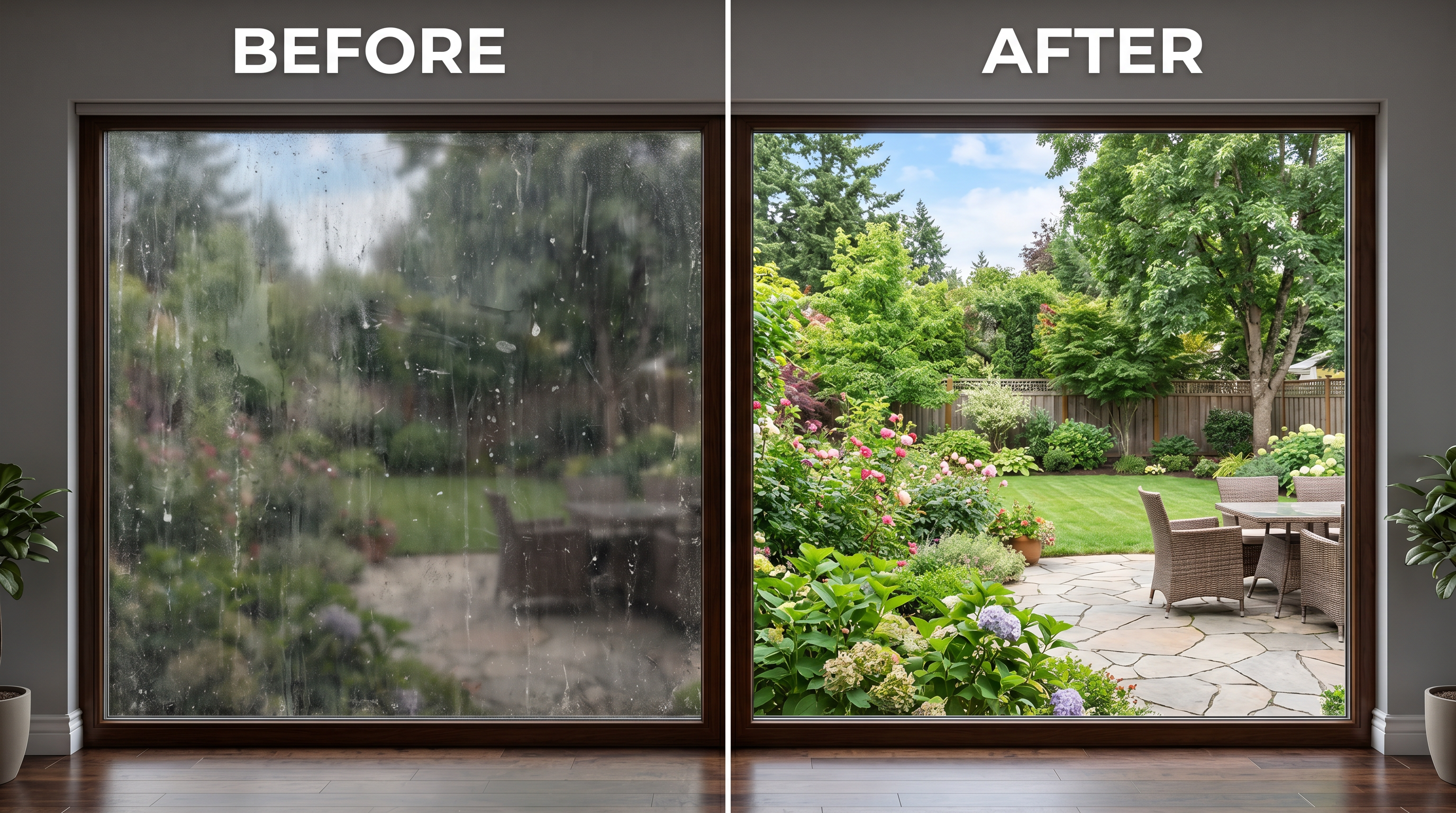 Before and after comparison of a large picture window — left shows hard water stains, dust, and rain marks obscuring the view; right shows perfectly clear glass and a vibrant garden visible through it.